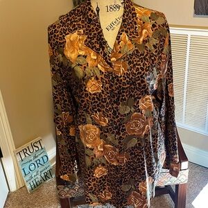 Beautiful Michele Leslie brown & black floral long sleeve button front blouse M